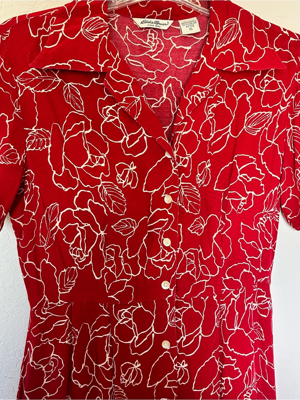 Vintage Eddie Bauer Red White Floral Button-Down Shirt Dress - Picture 6 of 7